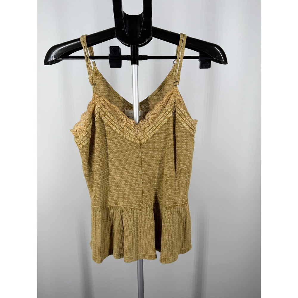 Cleo + Wolf Mustard Yellow Waffle Knit Lace Trim Peplum Camisole Top Womens M
